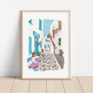 Mykonos Art Print: Greece Travel Decor, Mamma Mia Inspired. Hand-painted Gouache