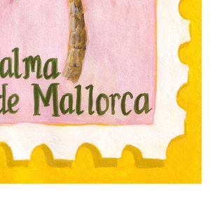May include: An illustrated stamp in yellow and pink with the text "Palma de Mallorca" in green lettering.