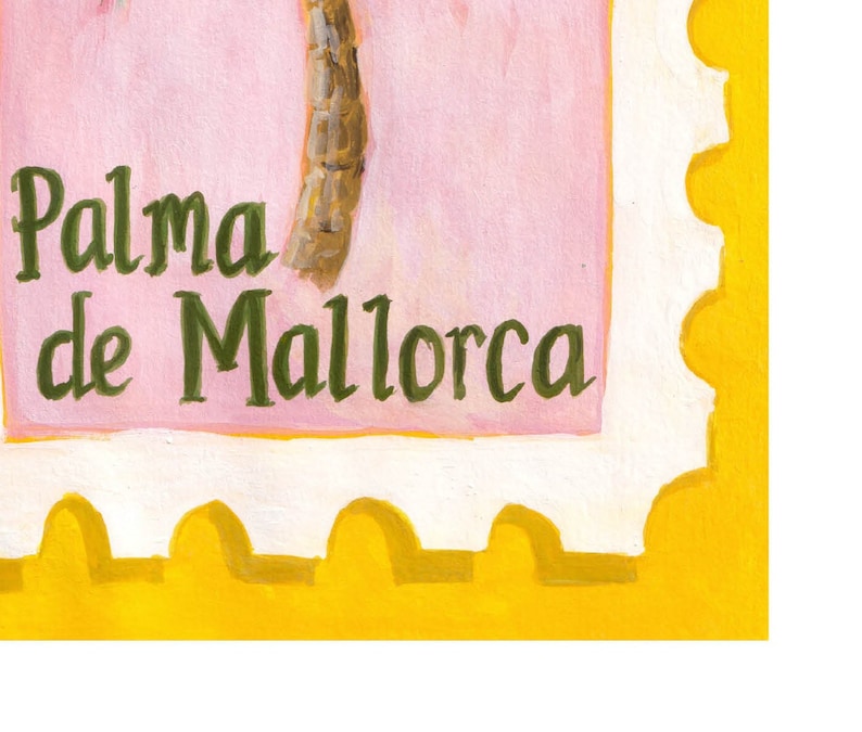 May include: An illustrated stamp in yellow and pink with the text "Palma de Mallorca" in green lettering.