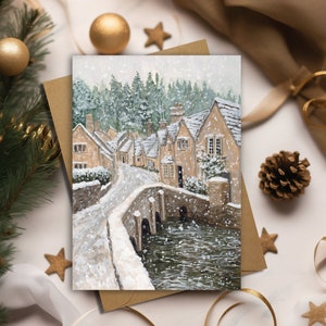 Cotswolds Castle Combe Christmas Card, Greeting Card, English Village, Snow, River, Art, Print, Winter, Gift, Festive, Gouache Painting