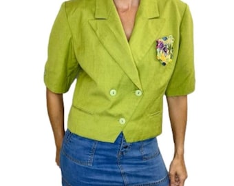 Vintage Prestige Paris Cropped Blazer: 80er 90er Jahre Knallgrün, Kurzarm