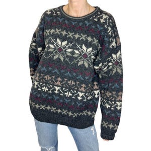 Vintage TT and Co Sport 100% wool grey black burgundy blue fair isle knit crew neck pullover ski sweater L