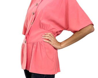 Vintage jaren 80, jaren 90 koraalkleurige vleermuisblazer, peplum taille, maat 9/10