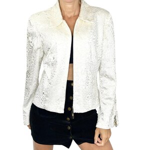 Vintage 70s 80s Joseph Ribkoff union made Canada cream crinkled light zip up jacket 10
