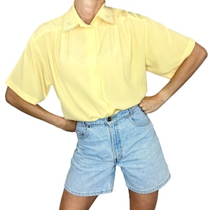 Vintage 80s 90s butter yellow short sleeve embroidered lace collar flowy relaxed fit granny blouse top 6