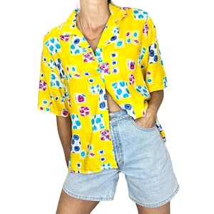 NWT vintage deadstock Canadian made bright yellow boxy button down geometric floral print short sleeve top 18