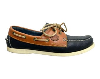 Vintage 90s Dooney & Bourke regatta navy tan leather boat shoes deck shoes 7.5*