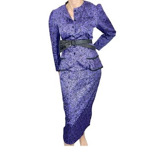 Vintage 80s 90s The French Fact purple black floral satin peplum blouse jacket skirt suit 2 piece set 7-8