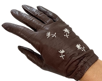 Luvas de condução vintage em couro dos anos 50: Gant Trefousse, com bordados de flores, tamanho 7