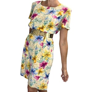 Vintage Maggy London 100% silk yellow floral short sleeve midi shift dress 10P