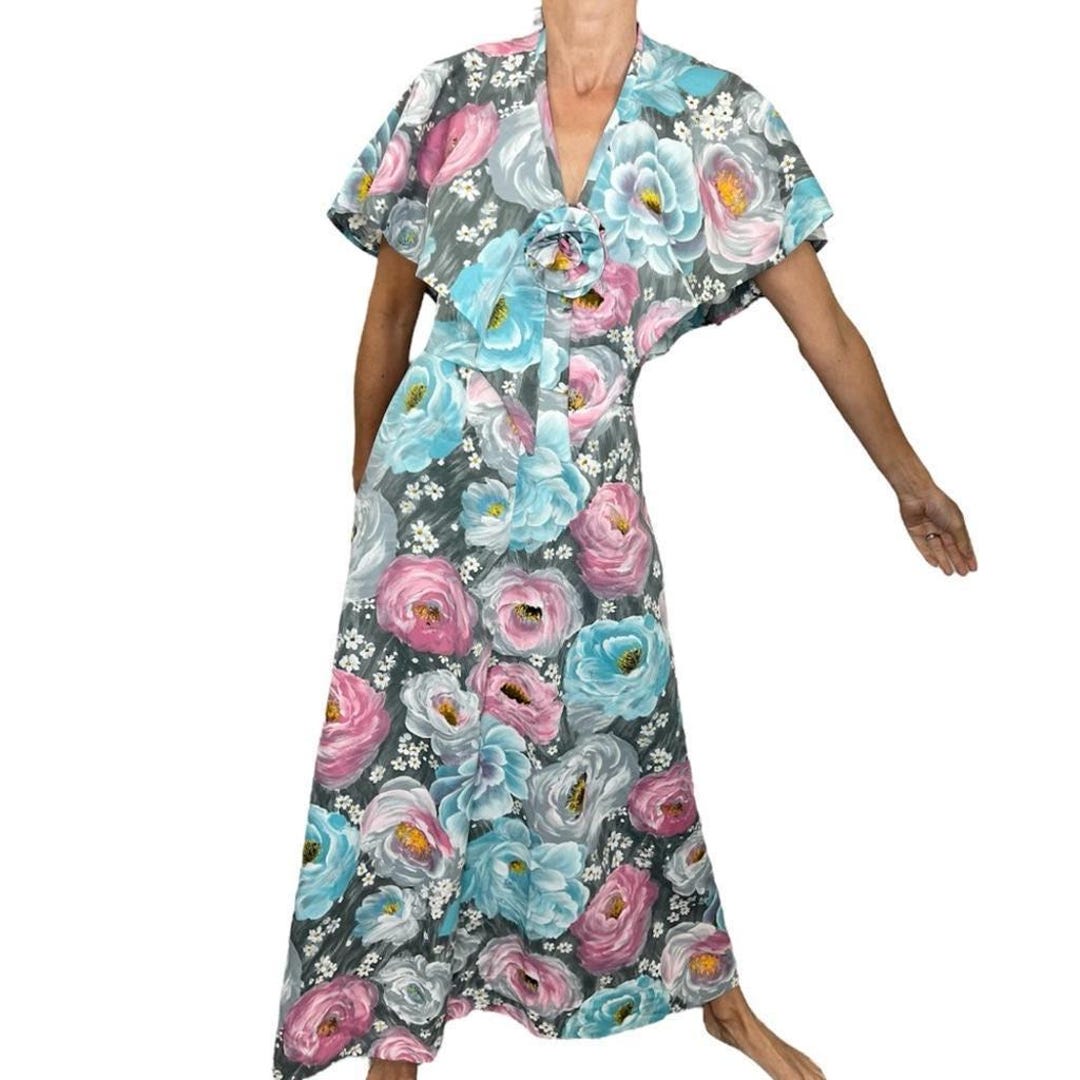 Vintage 70s Turquoise Pink Floral Maxi Dress: Halter Neck, Caplet ...