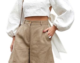 Szorty vintage z mieszanki lnu z lat 90., minimalistyczne, brązowe, z wysokim stanem i workowatymi brzegami, rozmiar 11/12