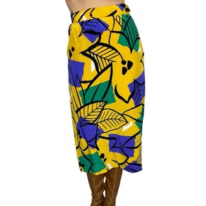 Vintage 100% Italian silk yellow purple green black large floral print midi skirt 6