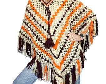 Sweter vintage boho w kolorze beżowo-pomarańczowo-brązowym z frędzlami i frędzlami, dzianinowy, z otwartym splotem, w stylu hipisowskim