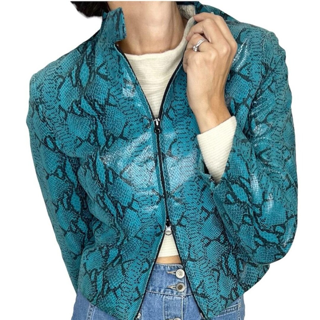 Rare Vintage MACKAGE Teal Black Python Snake Print Leather Moto Jacket ...
