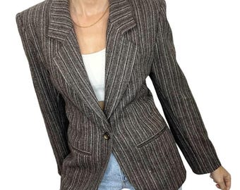 Vintage maßgeschneiderte adrette alte Geld Tweed Nadelstreifen braun taupe schwarz taillierte Jacke Blazer