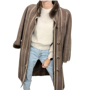 Vintage 70s 80s Sawyer of Napa California Canadian made taupe brown shearling long winter overcoat 14