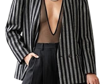 Vintage 80s power shoulder wool blend grey black striped boxy blazer 11