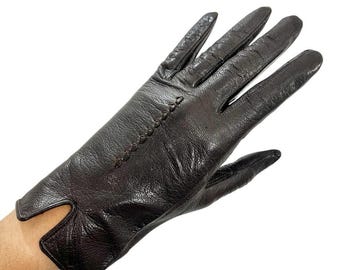 Luvas de condução vintage de couro marrom escuro, curtas, com costura piqué, comprimento do pulso, 6,5