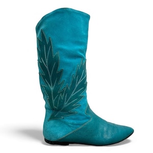Vintage 70s 80s Turquoise Italian Suede Leather Applique Mid Calf