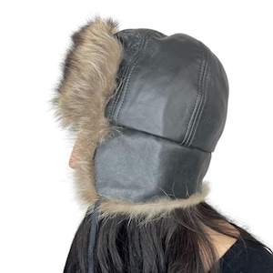 Vintage genuine fur black leather trapper ear flap aviator hunter bomber winter hat