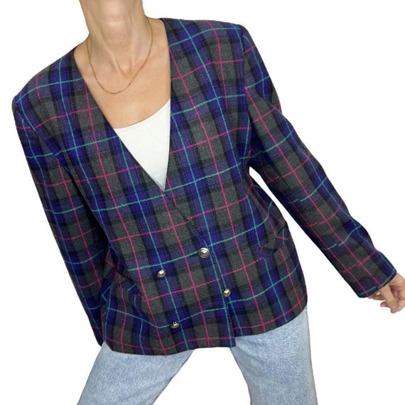 Vintage Canadian Wool Blend Plaid Blazer - 80s/90s Double Breasted Jacket 14
