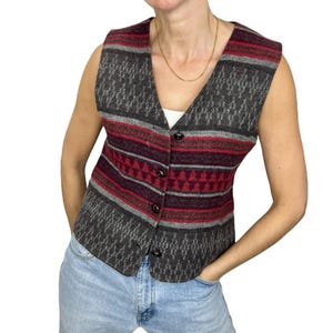 Vintage 80s wool blend grey red southwestern style button front grandpa vest 6