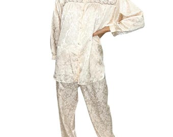 Vintage 90er Jahre Satin Spitze Pyjama Set, Floral Damask, Pfirsich Blush, M