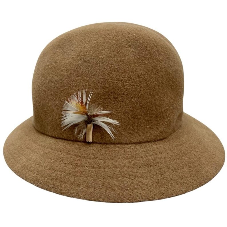 Pode incluir: Um chap&eacute;u cloche castanho com uma copa arredondada e uma aba pequena. O chap&eacute;u &eacute; adornado com um detalhe decorativo de penas em tons de branco, castanho e amarelo. Este chap&eacute;u de estilo vintage &eacute; um acess&oacute;rio cl&aacute;ssico.
