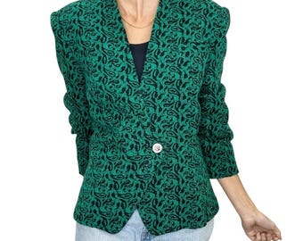 Veste blazer damassé extensible en tricot noir vert Mirumer Fashions des années 80 et 90 en tricot cachemire 13