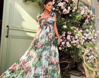 DELLA 2022  Summer Dress Women Chiffon Bow-knot shoulder Bohemian Floral print Holiday Elegant Long Dress