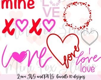 10 Hand Drawn Love Designs Digital Download, For Valentine's Day, Card Making SVG and PNG files for cutting, Print then Cut