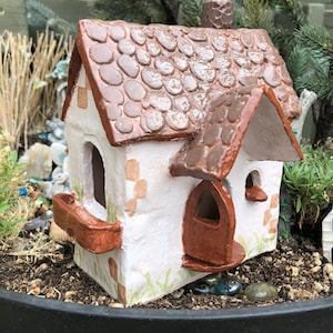 Hand built pottery gnome house fairy house LED tea light holder art piece one of a kind home decor