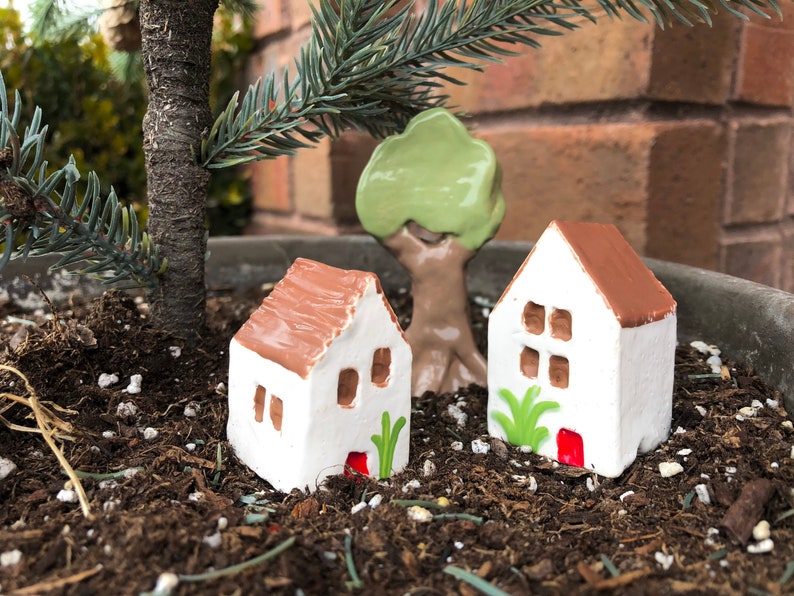 Miniature houses clay houses pottery houses clay trees fairy gardens home decor clay village house warming gift hand made collectible image 1