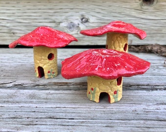 Mushroom houses toadstool houses hand built pottery fairy garden fairy house garden decor red roof