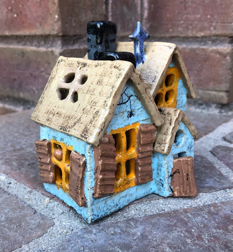 Hand Built Pottery Haunted House Tea Light Lantern Halloween Etsy