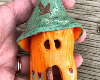 Gnome/fairy house hand built pottery fairy gardens one of a kind home decor whimsical garden decor gift