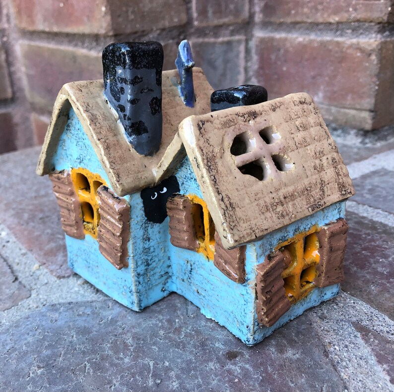Hand Built Pottery Haunted House Tea Light Lantern Halloween Etsy