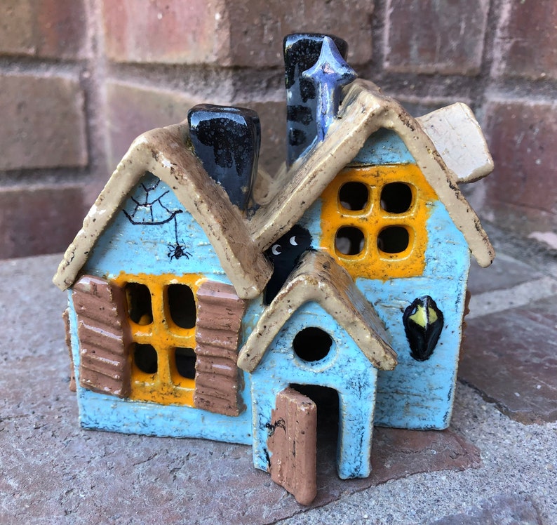 Hand Built Pottery Haunted House Tea Light Lantern Halloween Etsy