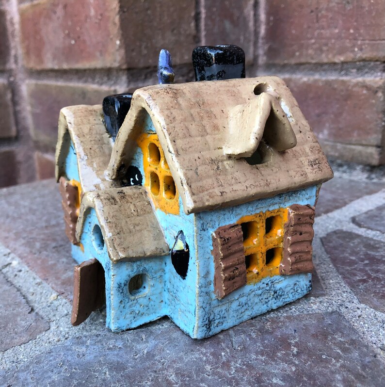 Hand Built Pottery Haunted House Tea Light Lantern Halloween Etsy