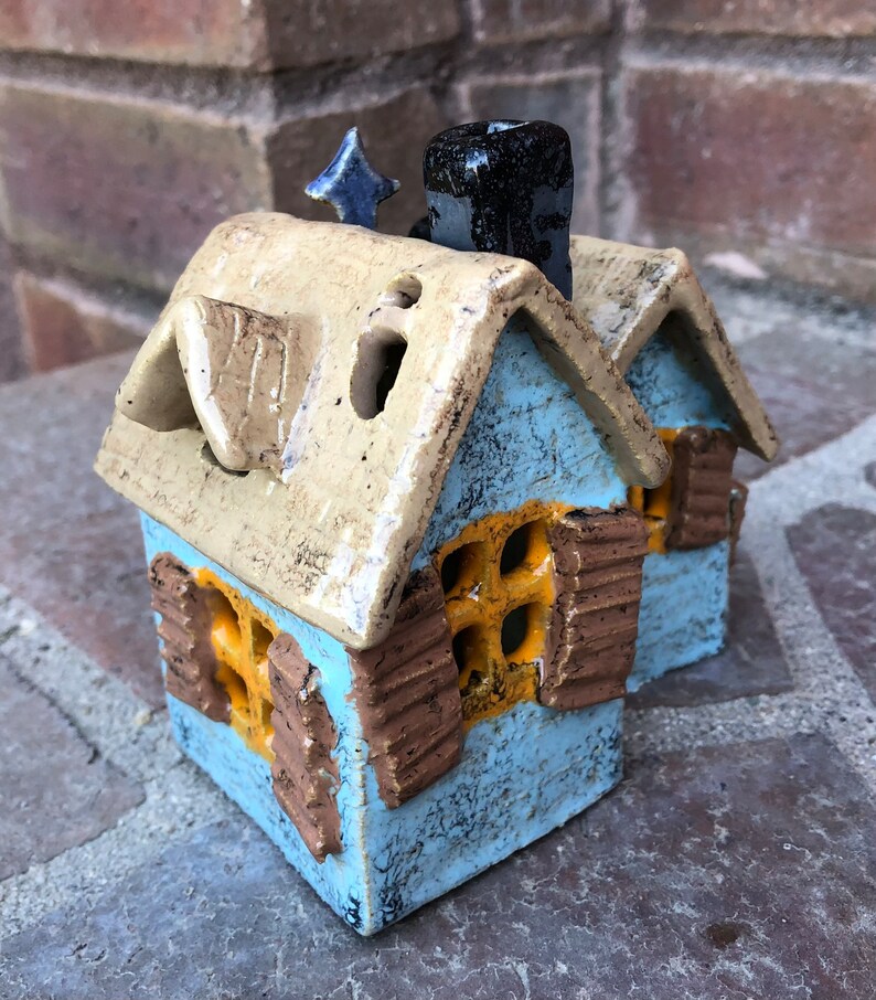 Hand Built Pottery Haunted House Tea Light Lantern Halloween Etsy