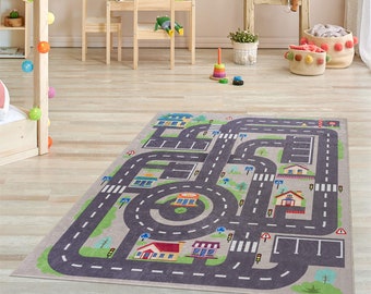 Pasha Home Children's Carpet, Car Carpet, Carpets for the Children's Room,  Non-slip and Dirt-repellent, Play Mat With Street Motif, Washable 