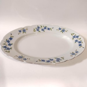 May include: White oval serving platter with a scalloped edge and a delicate blue floral pattern. The rim is trimmed with a silver-colored band. The floral design features small blue flowers and green leaves.