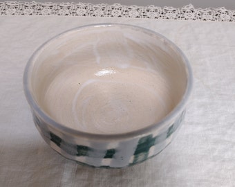 Vintage Round Pottery Bowl. Colors white, beige, green.  Signed 1999. Handmade. Size 3 In High.