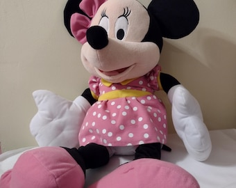Vintage Disney Minnie Mouse Plush Doll. Size 25" Tall. Minnie Wear A Bow. Dress In Pink/Yellow, White Dots Dress. Made In USA.