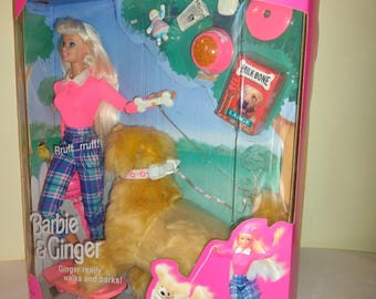 Vintage Barbie en hond Ginger. Jaar 1997 #17116. Gember loopt en blaft. Nieuwe staat. Gemaakt in China.