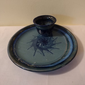 Vintage Ceramic Platter With Attached Dip Cup. Handmade Signed By Artist.