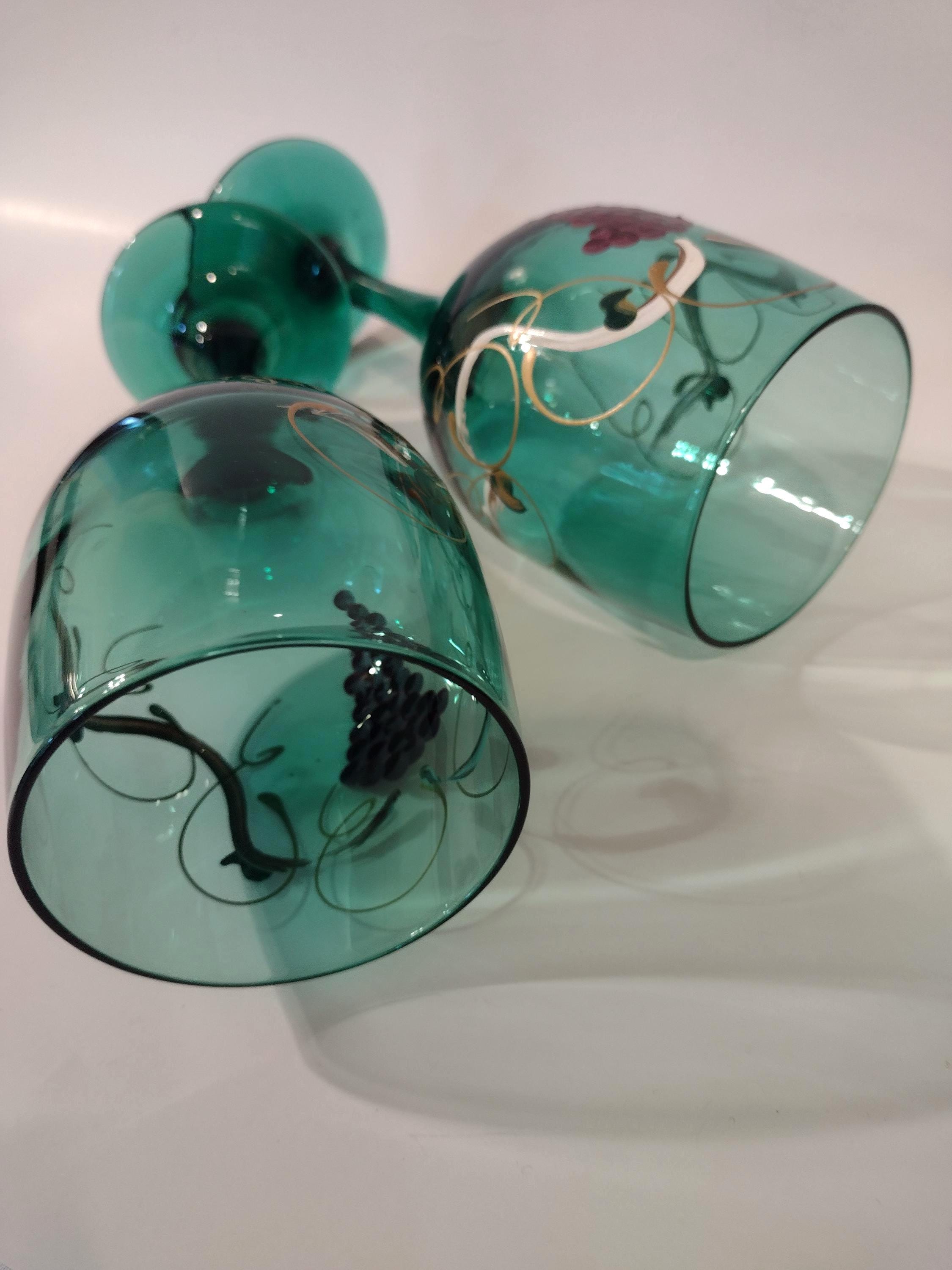 Vintage Set Hand Painted Teal Wine Glasses Signed by Artist 2002. - Etsy