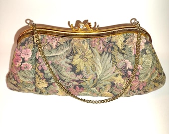 Vintage Floral Tapestry  Clutch Evening bag. Chain Handle,  Metal Closure. Size 6x10.
