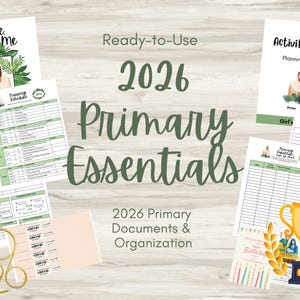 Peut inclure: Ensemble de documents imprimés et de matériel d'organisation pour les « Primary Essentials » de 2026. Le design comprend le texte « Come, Follow Me » et « Activity Days Planning Guide ». Un trophée doré et une carte d'anniversaire sont également visibles.